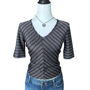 y2k gray & black striped quarter sleeve top with silver threading and v-neckline